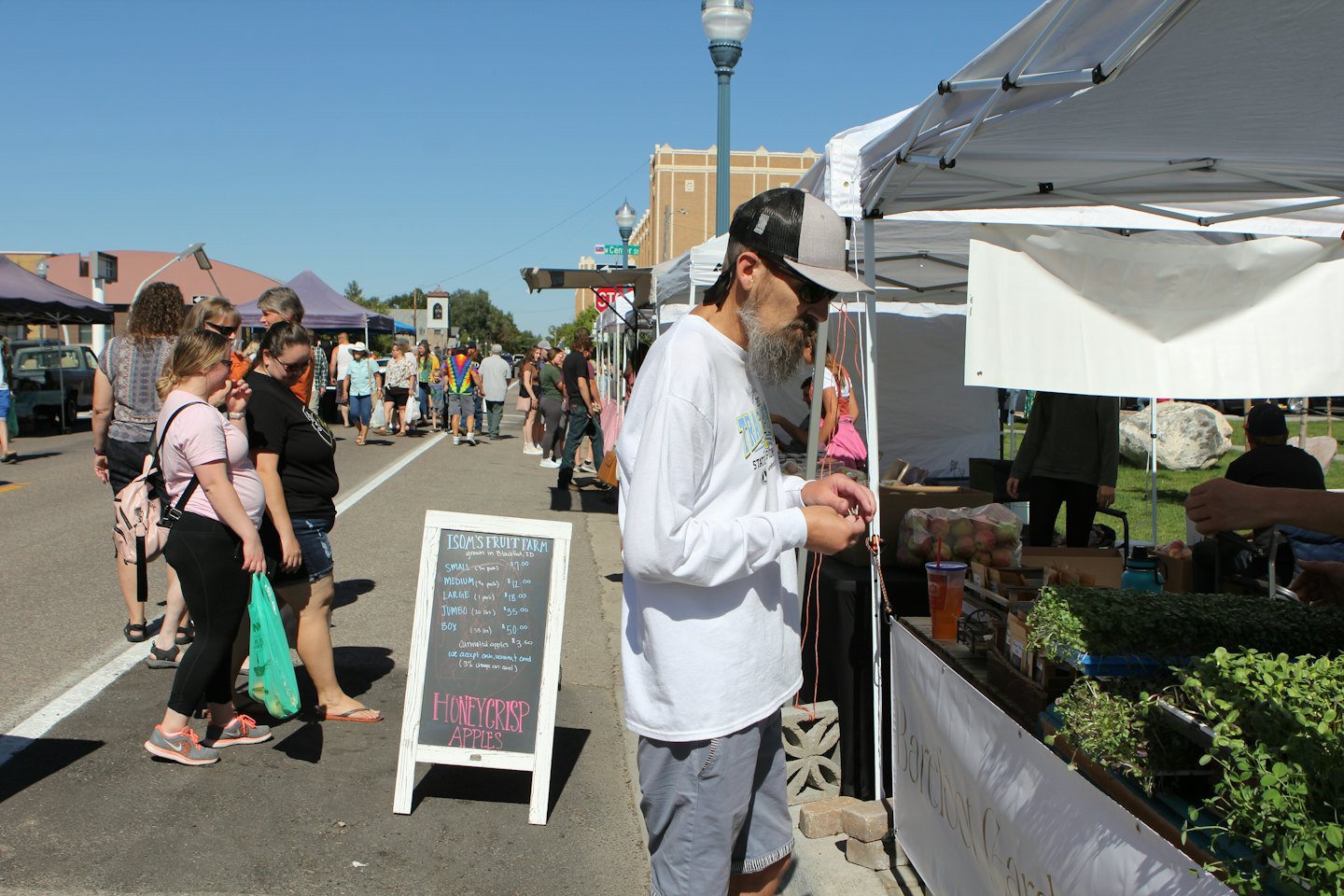 Man at a busy farmers' market selling produce.